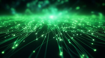 Computer-generated abstract background featuring green-glowing interconnected fiber optic cables in 3D rendering.