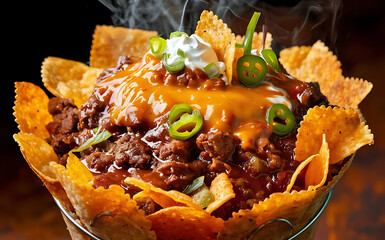 Capture the essence of Frito Pie in a mouthwatering food photography shot - obrazy, fototapety, plakaty