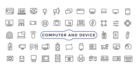 Computer and Device icon. gadgets Related Vector Line Icons. Mobile, Tablet, Desktop, watch, gamepad and camera Outline icon collection.