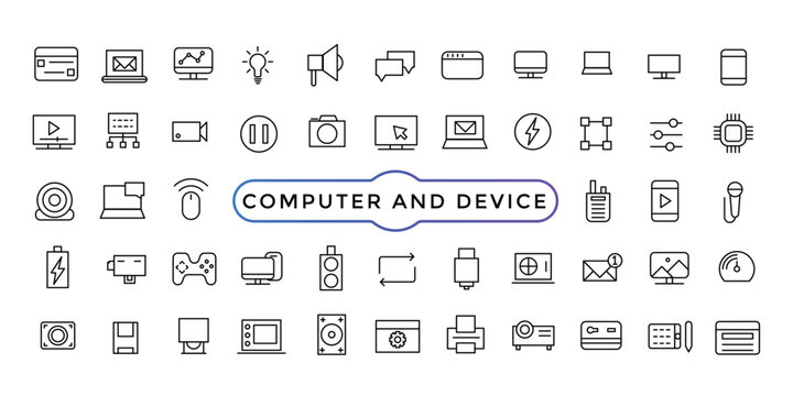 Computer and Device icon. gadgets Related Vector Line Icons. Mobile, Tablet, Desktop, watch, gamepad and camera Outline icon collection.