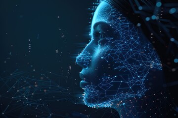 Futuristic digital human face surrounded by networks - A visually striking depiction of a digital human face intertwined with complex network lines, symbolizing AI and digital identity