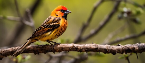 Fototapeta premium A bird with a striking red head is perched on a branch, facing to the side. The bird appears alert, with its feathers ruffled slightly by a gentle breeze.