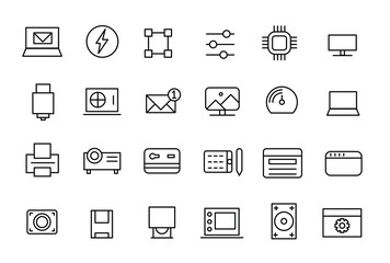 Computer and Device icon. gadgets Related Vector Line Icons. Mobile, Tablet, Desktop, watch, gamepad and camera Outline icon collection.