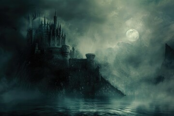 Gothic castle shrouded in mist under a full moon - A fantasy-inspired scene depicts a gothic-style castle amidst swirling mist and a looming full moon
