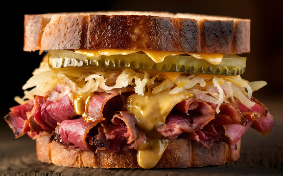 Capture the essence of Pastrami Sandiwch in a mouthwatering food photography shot