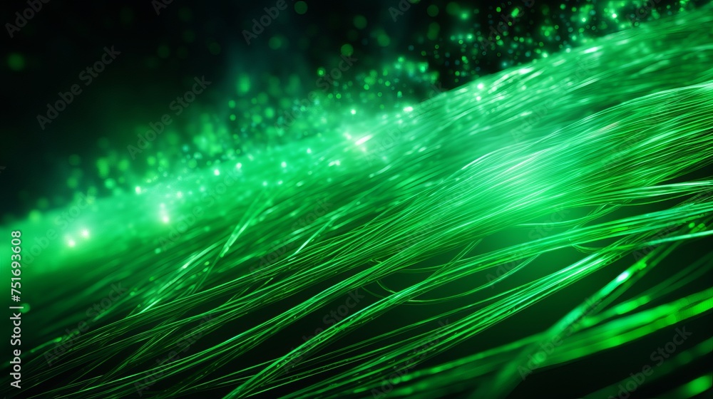 Poster computer-generated abstract background featuring green-glowing interconnected fiber optic cables in 