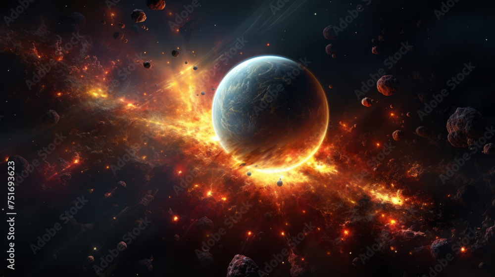 Poster a captivating view of a vast cosmic explosion with an earth-like planet at the center surrounded by 