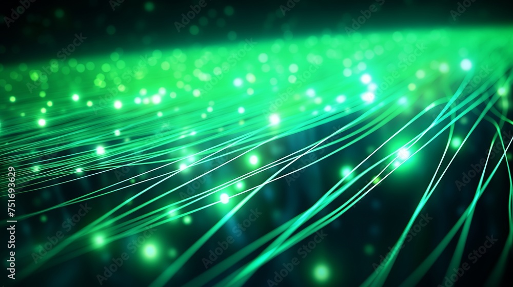 Poster computer-generated abstract background featuring green-glowing interconnected fiber optic cables in 