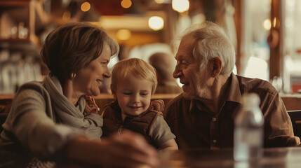 Close up portrait of grandparents with child. 