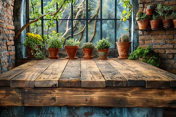 Empty rustic old wooden boards table copy space with fig plants growing in background