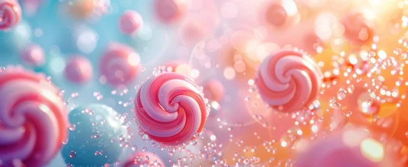 Fotobehang A radiant blend of soft-focused candies in a dreamy array of pinks and blues, with sparkling sugar granules enhancing their whimsical charm. © BackgroundWorld