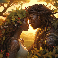 Adam and Eve, in the garden of Eden, embracing one another, sunset