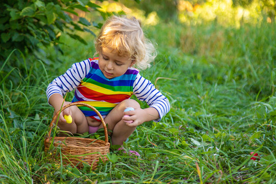 A child collects Easter eggs in the grass. Selective focus.