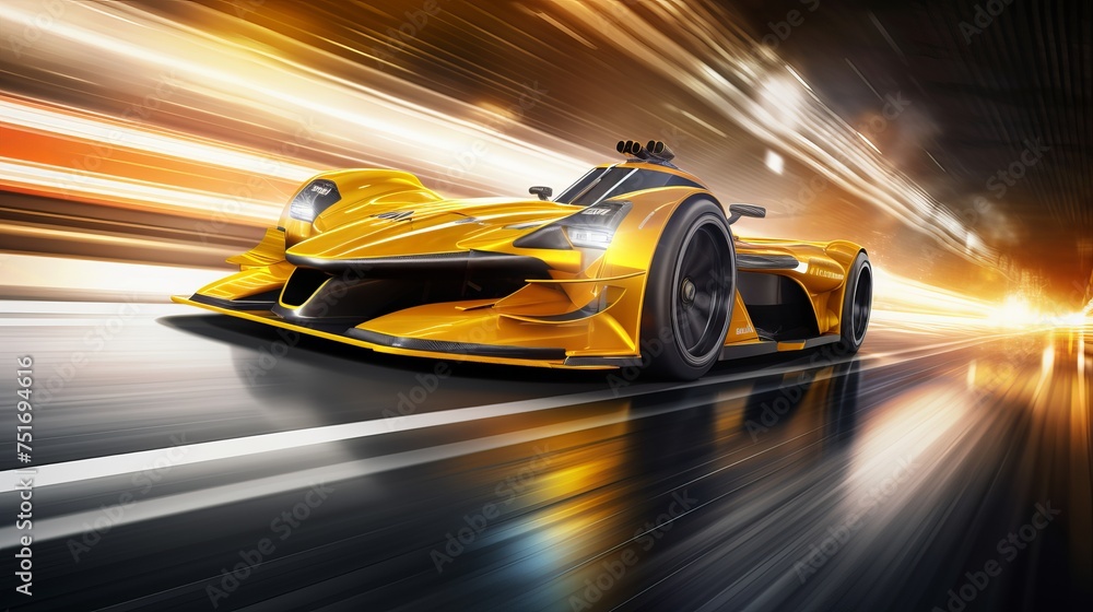 Poster experience the thrill of race car action with motion blur as it speeds along the track. rendered in 