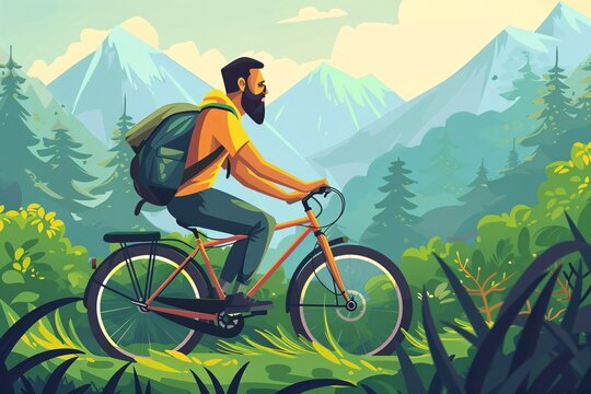 a man riding a bicycle in a forest