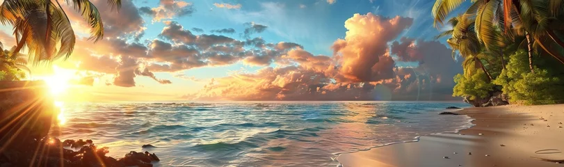Photo sur Plexiglas Marron profond Sunset with palm trees on beach, landscape of palms on sea island. AI generated illustration
