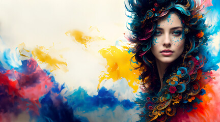 Colorful beautiful Renaissance woman, ink flow intricately detailed fluid gouache painting, calligraphy, acrylic: watercolor art, natural lighting, volumetric lighting maximalist photo-illustration, 