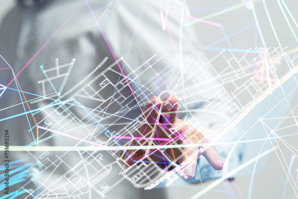 Poster Neural network 3D illustration. Big data and cybersecurity