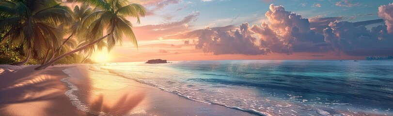 Fototapeta na wymiar Sunset with palm trees on beach, landscape of palms on sea island. AI generated illustration