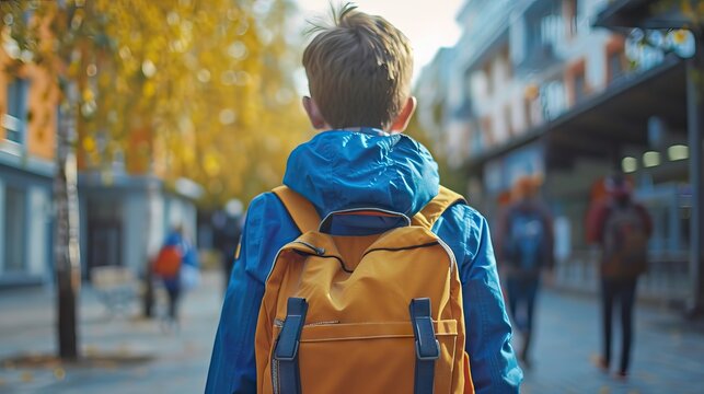 Back view of black child with curly short hair carrying backpack on shoulders going home from school or sport center down pavement on sunny spring day. AI generated illustration