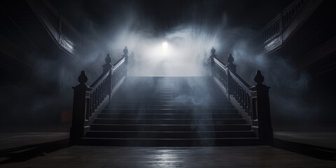 As the fog settles, a symmetrical staircase beckons with its handrail glowing in the light, leading towards the unknown depths of the building on a shadowy night - obrazy, fototapety, plakaty