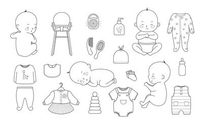 Set of newborn icons. Collection with children and baby items and toys in hand drawn doodle outline style. Vector illustration for design.