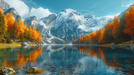 Popular photographers attraction of Braies Lake. Colorful autumn landscape in Italian Alps.