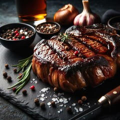 Close juicy photo of black angus steak beautiful magazine photo. - obrazy, fototapety, plakaty