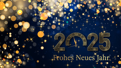 Karte oder Banner, um ein frohes neues Jahr 2025 in Gold zu wünschen. Die 0 ist eine Uhr auf einem dunkelblauen Hintergrund mit Farbverlauf und goldfarbenen Sternen und Kreisen im Bokeh-Effekt - obrazy, fototapety, plakaty