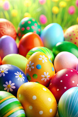 A vibrant and cheerful collection of Easter eggs adorns a colorful background, setting the scene for joyous Easter celebrations