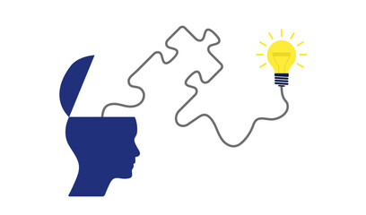 Flat design head, light bulb, cable, business idea vector design. Business concept design to use in idea, brainstorm, learning, strategy, thinking, inspiration, teamwork projects. 