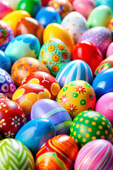 Fototapeta na wymiar A vibrant and cheerful collection of Easter eggs adorns a colorful background, setting the scene for joyous Easter celebrations