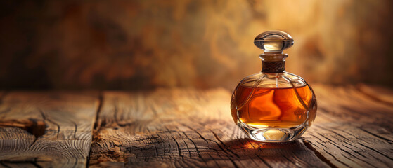 luxury glass perfume bottle on old wooden table in dark brown theme as wide banner with copy space...