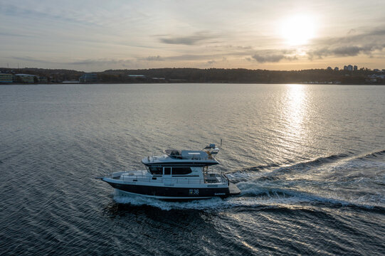 Fishing boat at sea in southern Sweden sunset