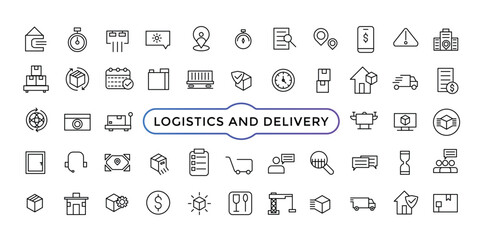 Logistics and Delivery Icons. Truck Delivery Related Vector Line Icons. Contains such Icons as Delivery, Express Shipping. Outline icon collection.