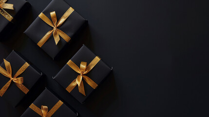 Black gift boxes with gold ribbon on black background. Flat lay, top view. AI.