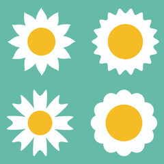 Camomile set. White daisy chamomile icon. Cute round flower plant collection. Love card symbol. Growing concept. Flat design. Green background. Vector illustration. Eps file 102.
