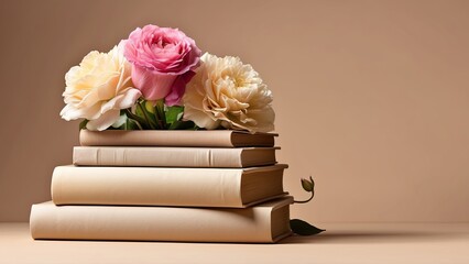 stack of books with beautiful flowers on pastel beige background