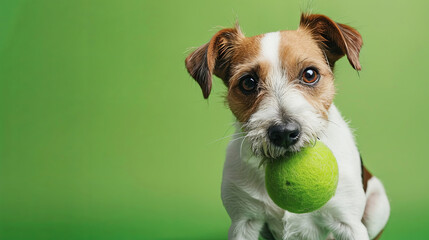 portrait of cute dog with tennis ball in mouth against green background, copy space - obrazy, fototapety, plakaty