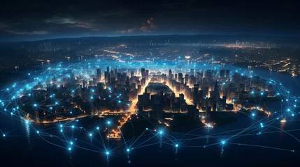 Zelfklevend Fotobehang Illustration of glowing cities and population centers interconnected by bouncing lines, representing global connectivity and suitable for technology themes. © Elchin Abilov