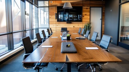 Modern conference room with wood accents - An elegant conference room featuring a long wooden table, comfortable chairs, and a TV presentation screen