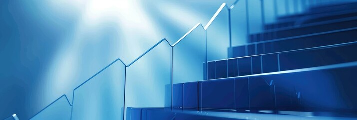 Sleek stairs and blue graph ascending over buildings - A modern and sleek blue-toned graph incrementing upwards, set against abstract background buildings - obrazy, fototapety, plakaty