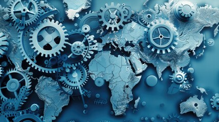 Silvery cogs overlaid on contrasting blue map - This image creatively superimposes silvery mechanical gears on a contrasting deep blue world map, alluding to the machinery of global operations - obrazy, fototapety, plakaty