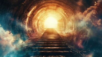 Stairs leading into vibrant light tunnel - Radiant and colorful, this image of stairs leading into a light tunnel captures the essence of progress and enlightenment - obrazy, fototapety, plakaty