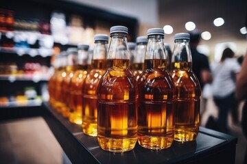 Several bottles of fresh apple juice on a shelf in a store. Commerce and health