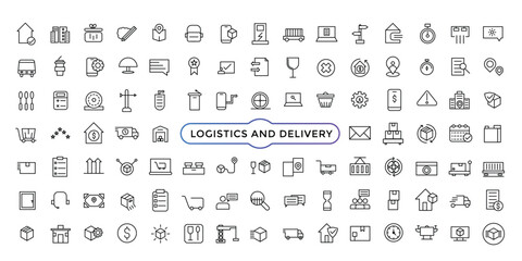 Fototapeta na wymiar Logistics and Delivery Icons. Truck Delivery Related Vector Line Icons. Contains such Icons as Delivery, Express Shipping. Outline icon collection.