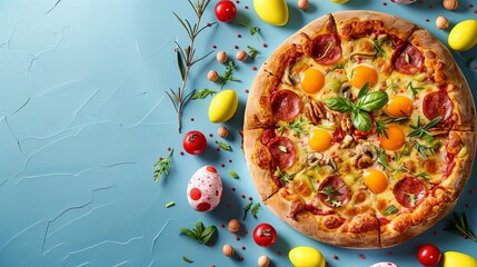 Easter pizza with colorful eggs on blue background with copy space