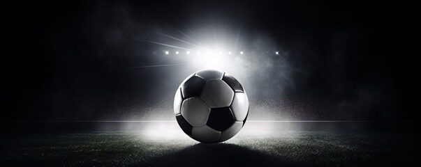 Football or Soccer with spotlight and fade-out shadow in the dark background. Copy space. Sport and game concept. - obrazy, fototapety, plakaty