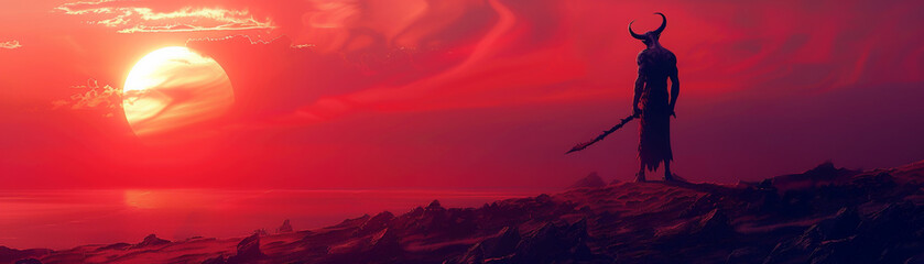 Elegant and minimalist depiction of Satan casting a shadow over pastel twilight embodying darkness and evil