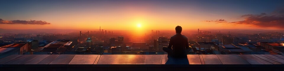 Abstract photorealistic background man on roof looking at evening city. Background for poster, banner, social networks, place for text